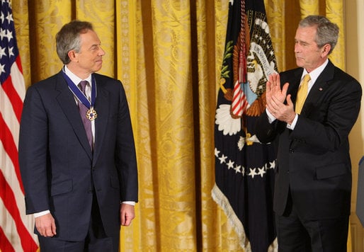 President Bush presenting former British Prime Minister Tony Blair with the Presidential Medal of Freedom, January 13, 2009
