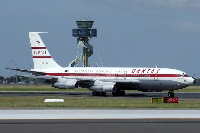 Ex-Qantas Boeing 707-138B VH-XBA undergoing taxi tests in 2007 at Sydney International Airport prior to its delivery to the Qantas Founders Outback Museum