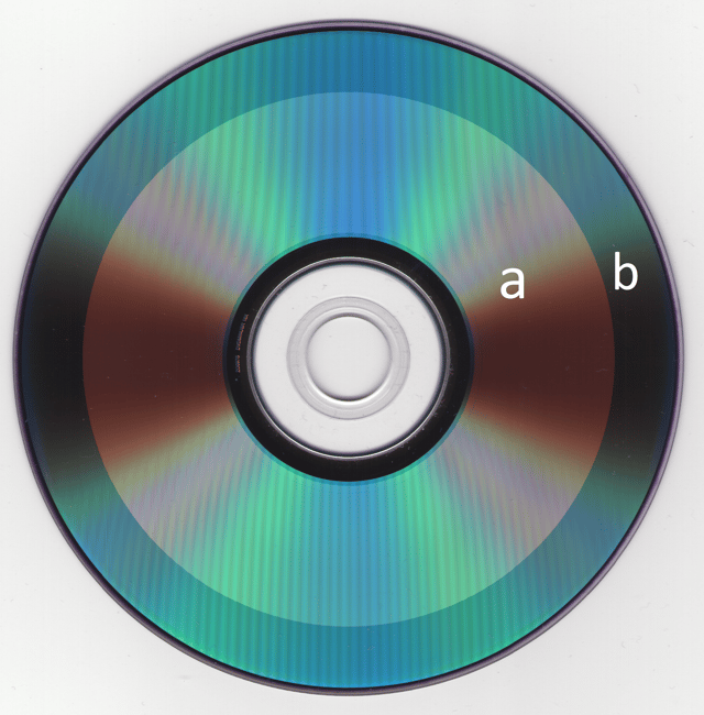 Scan of a DVD-R; the "a" portion has been recorded on while the "b" portion has not.