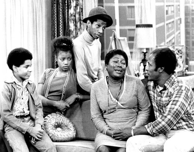 On Good Times (1974), L-R: Ralph Carter, Bern Nadette Stanis, Jimmie Walker, Esther Rolle, and John Amos.