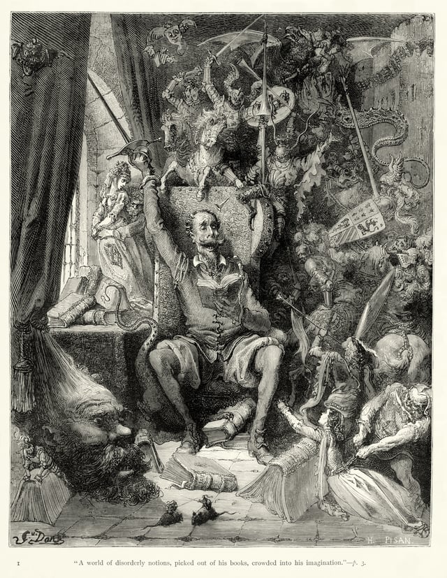 Don Quixote goes mad from his reading of books of chivalry. Engraving by Gustave Doré.