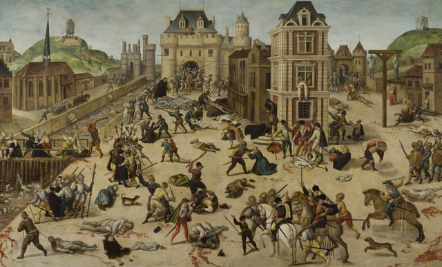 St. Bartholomew's Day massacre of French Protestants, 1572.
