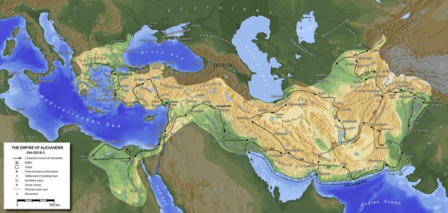 Map of Alexander's short-lived empire (334–323 BC). After his death the lands were divided between the Diadochi