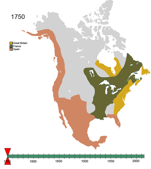 Non-Native American nations' claims over North America, 1750–2008.
