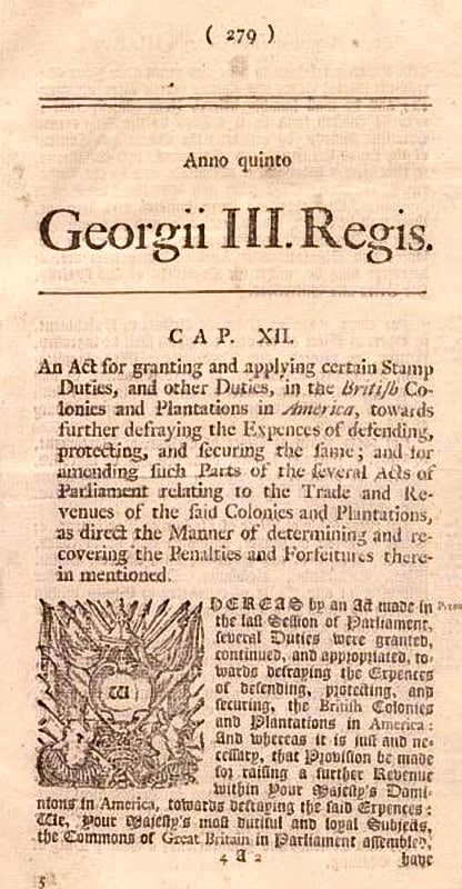 Notice of Stamp Act of 1765 in newspaper