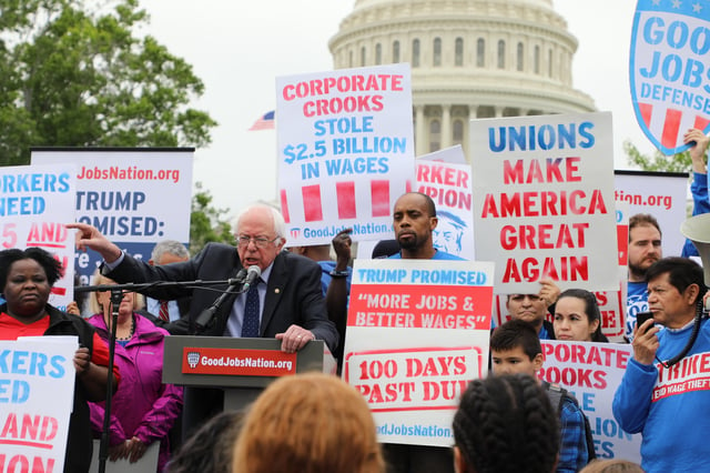 Sanders introduced legislation to raise the federal minimum wage to $15 an hour, April 2017