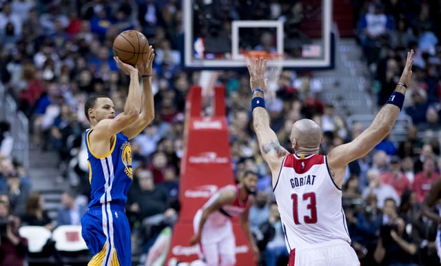 Curry shooting over Marcin Gortat in February 2017