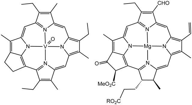 Structure of a vanadium porphyrin compound (left) extracted from petroleum by Alfred E. Treibs, father of organic geochemistry. Treibs noted the close structural similarity of this molecule and chlorophyll a (right).
