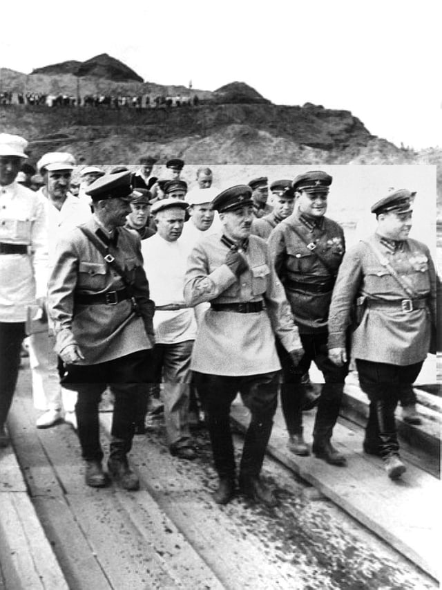NKVD chief Genrikh Yagoda (middle) inspecting the construction of the Moscow-Volga canal, 1935. Khrushchev is left behind Yagoda.