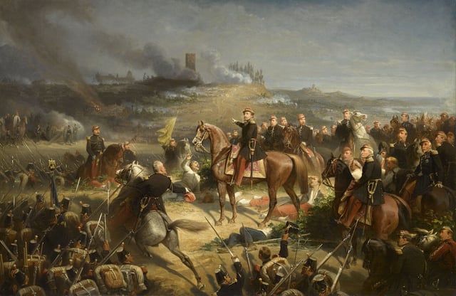 Napoleon III with the French forces at the Battle of Solferino, which secured the Austrian withdrawal from Italy. He was horrified by the casualties, and ended the war soon after the battle.