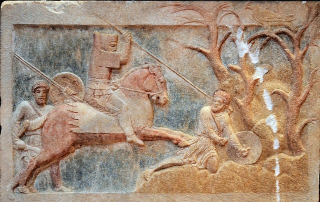 Armoured cavalry: Achaemenid Dynast of Hellespontine Phrygia attacking a Greek psiloi, Altıkulaç Sarcophagus, early 4th century BC.