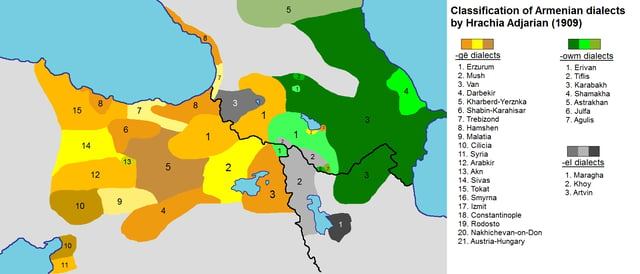 Map of the Armenian dialects in early 20th century:   -owm dialects, nearly corresponding to Eastern Armenian   -el dialects (intermediate)   -gë dialects, nearly corresponding to Western Armenian