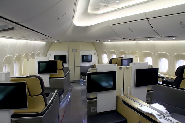 First Class on board one of Lufthansa's Boeing 747-8Is in a 1-2-1 layout.