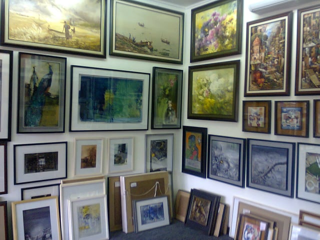 Bangladeshi paintings on sale at an art gallery in Dhaka