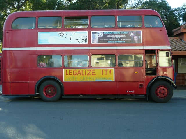 One of the double deckers in the city's student-run (and student-driven) bus system