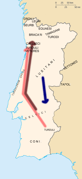 Map showing the main pre-Roman tribes in Portugal and their main migrations. Turduli movement in red, Celtici in brown and Lusitanian in a blue colour. Most tribes neighbouring the Lusitanians were dependent on them. Names are in Latin.