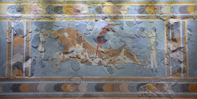 Fresco displaying the Minoan ritual of "bull leaping", found in Knossos