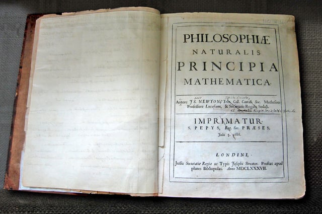 Newton's own copy of his Principia, with hand-written corrections for the second edition, in the Wren Library at Trinity College, Cambridge.
