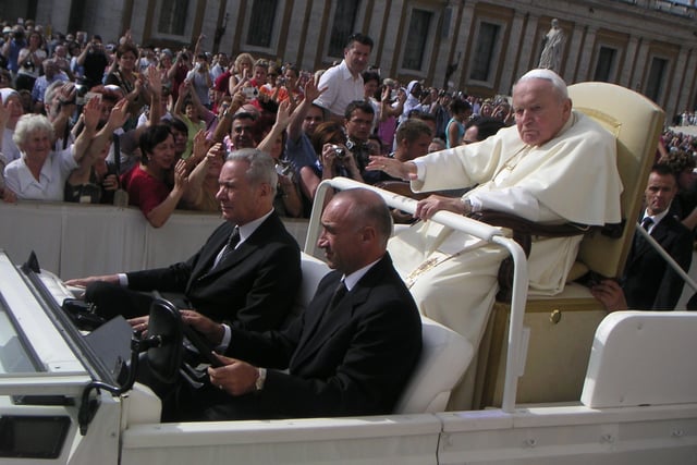 An ailing John Paul II riding in the Popemobile in September 2004 in St. Peter's Square
