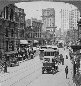 In 1907, Peachtree Street, the main street of Atlanta, was busy with streetcars and automobiles.