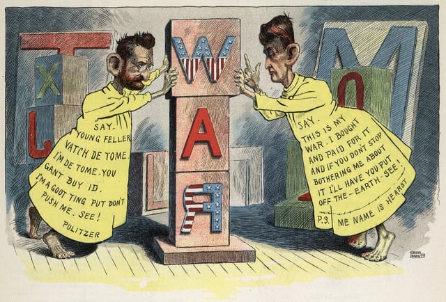 "Yellow journalism" cartoon about Spanish–American War of 1898. The newspaper publishers Joseph Pulitzer and William Randolph Hearst are both attired as the Yellow Kid comics character of the time, and are competitively claiming ownership of the war.
