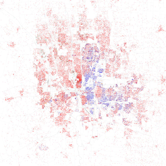 Map of racial distribution in Columbus, 2010 U.S. Census. Each dot is 25 people: White, Black, Asian Hispanic, or Other (yellow)