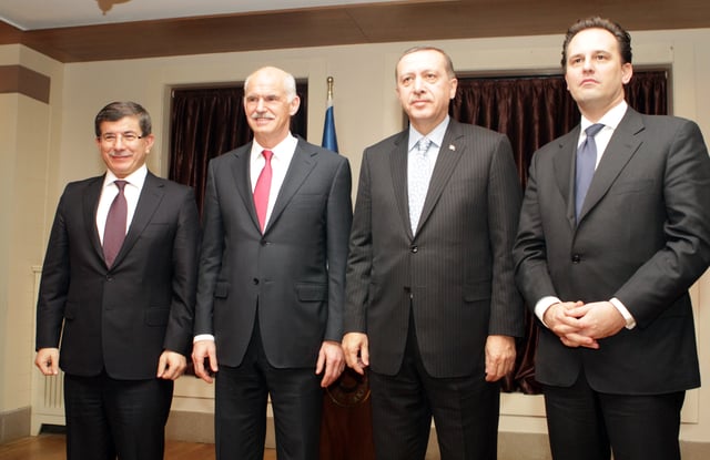 Davutoğlu and Recep Tayyip Erdoğan with former Greek Prime Minister George Papandreou and Foreign Minister Dimitris Droutsas