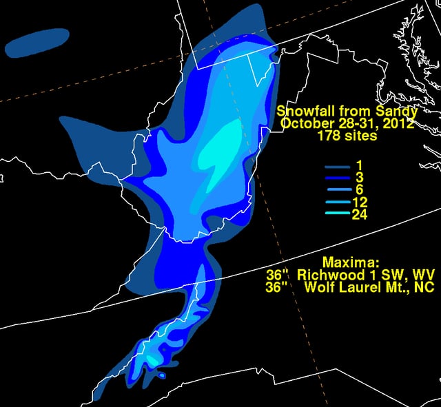 Snowfall totals in the Appalachian mountain range (amount in inches)