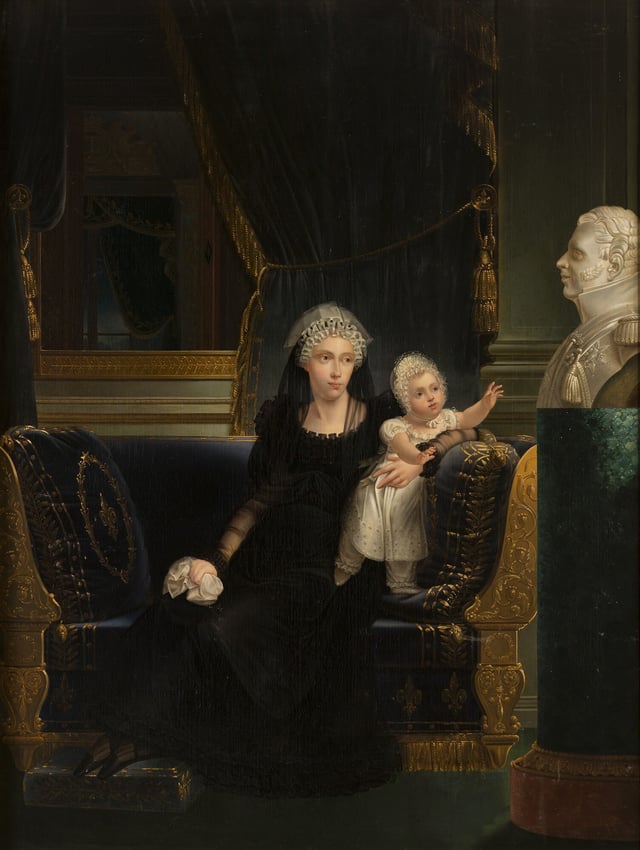 Marie Caroline in mourning with her daughter Louise Marie Thérèse. The two look longingly upon a bust of Charles Ferdinand, Duke of Berry.