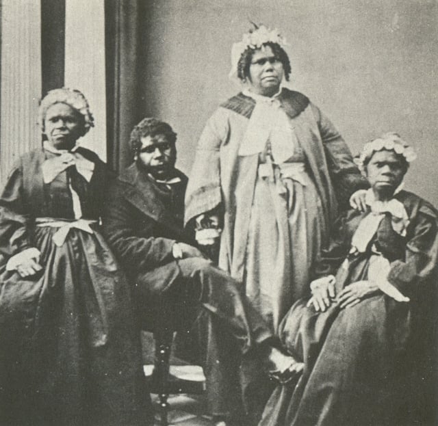 Four elderly full-blood Tasmanian Aborigines c. 1860s. Truganini, for many years claimed to be the last full-blood Aboriginal to survive, is seated at far right.