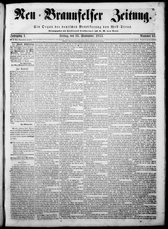 Front page of the Neu-Braunfelser Zeitung on September 16, 1853