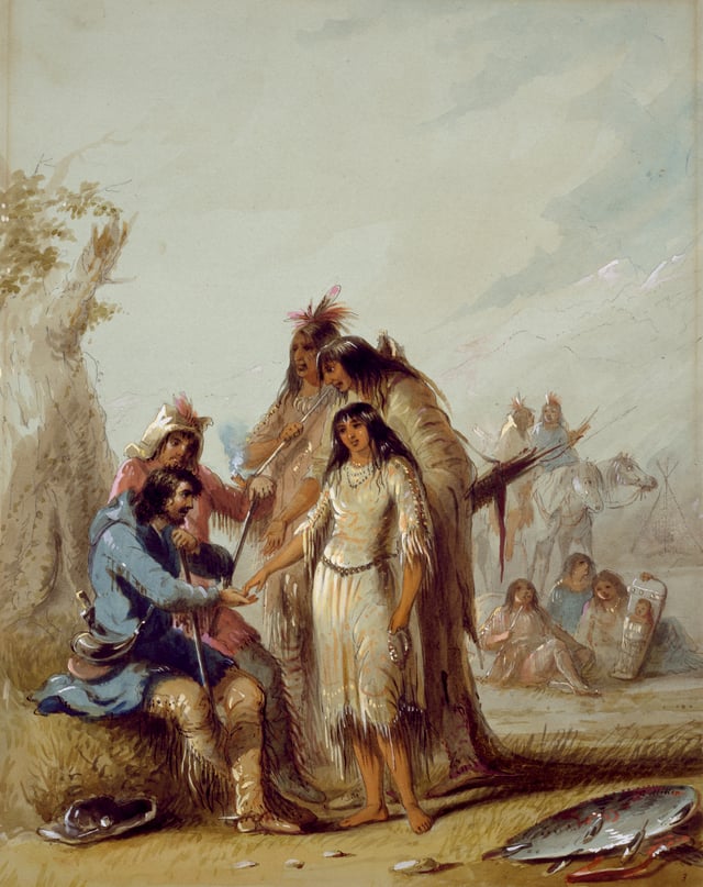 The Trapper's Bride shows a trapper, Francois, paying $600 in trade goods for an Indian woman to be his wife, ca. 1837