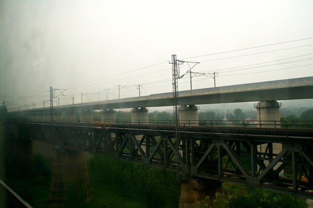 The Beijing–Shanghai high-speed railway (on the top) paralleled by the older Beijing–Shanghai Railway (on the bottom).