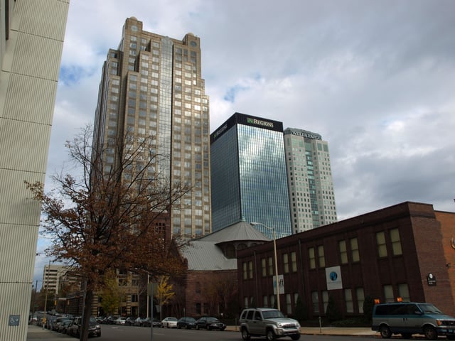 Regions-Harbert Plaza, Regions Center, and Wells Fargo Tower in Birmingham's financial district