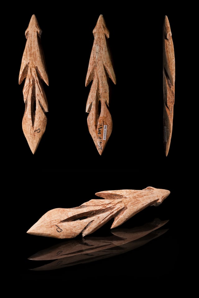 Multiple view of bone Azilian harpoon head, from about 10,000 years ago
