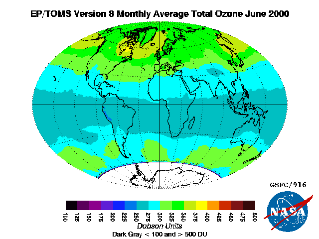 Total ozone concentration in June 2000 as measured by the NASA EP-TOMS satellite instrument