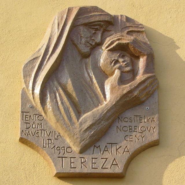 Plaque dedicated to Mother Teresa in Wenceslas Square, Olomouc, Czech Republic