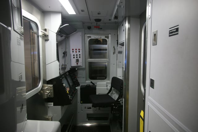 Driver's cab of an R160B subway car on the N train
