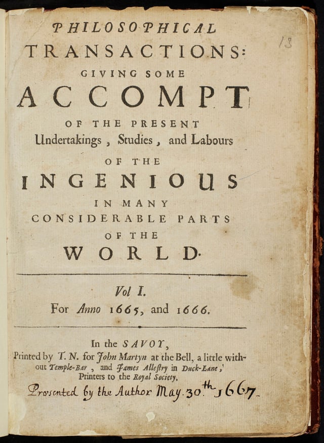 Title page of the first edition of the Philosophical Transactions of the Royal Society published in 1665