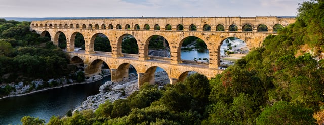 Pont du Gard in France is a Roman aqueduct built in c. 19 BC. It is a World Heritage Site.
