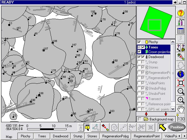 Mapping can be done with GPS and laser rangefinder directly in the field. Image shows mapping of forest structure (position of trees, dead wood and canopy).