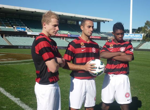 Mooy (left) at the Western Sydney Wanderers launch, along with Tarek Elrich and Kwabena Appiah