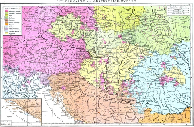 Late 19th century ethnic map of Central Europe depicting predominantly Romanian-inhabited territories in blue. Hungarians are marked in yellow and Germans in pink.