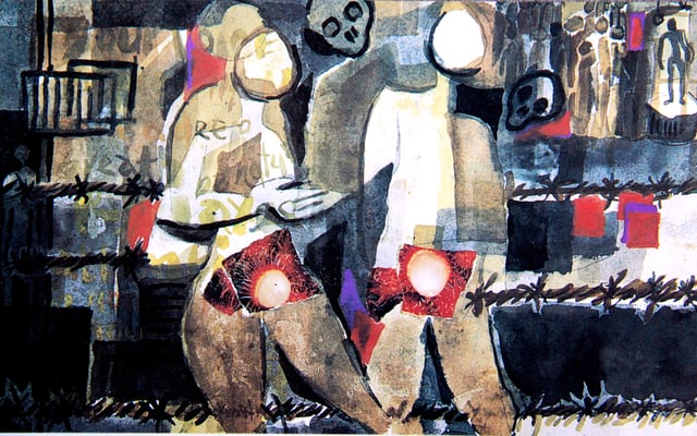 Concentration Camp- 14x24 inch, mixed media collage,1976. Featured in the Commemorative publication on art- 50th independence of Sri Lanka. Some journalists commented that the artist was depicting the Tamil terrorists of the northern Sri Lanka was imprisoned in a prison in the southern part of Sri Lanka. But Segar denied. The peeled out Rambutan fruits used to symbolize the penis of the prisoners in this collage art.