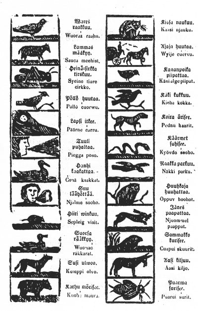 E.W. Borg alphabet book, published in 1859 in Finnish-Inari Sámi