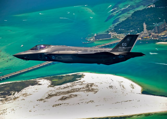 The first delivered USAF F-35 on its delivery flight to Eglin Air Force Base in July 2011.