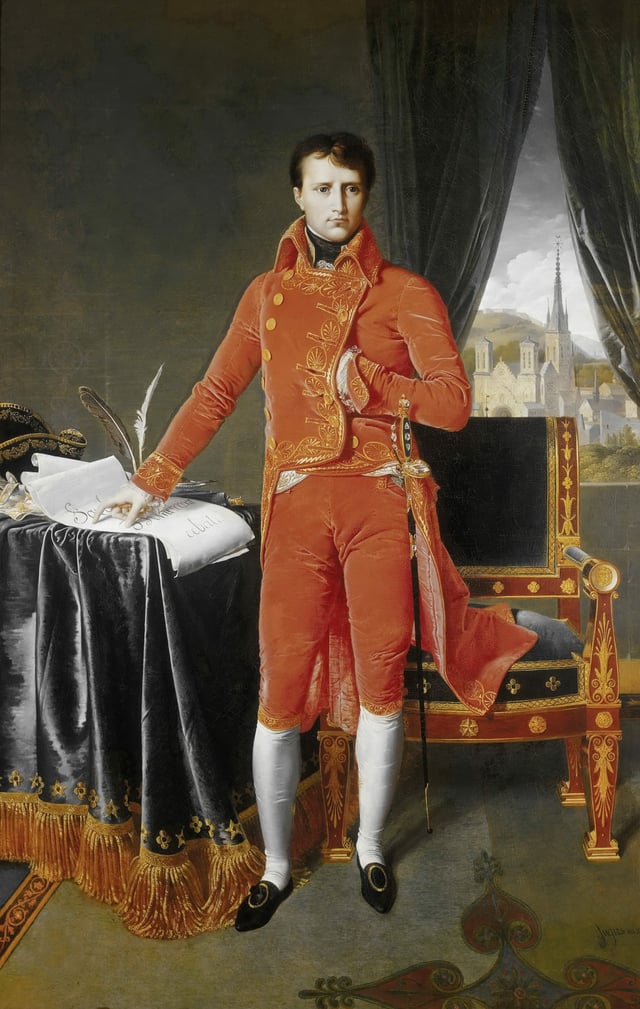Bonaparte, First Consul, by Ingres. Posing the hand inside the waistcoat was often used in portraits of rulers to indicate calm and stable leadership.