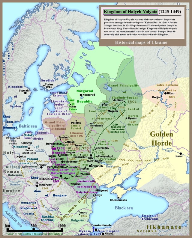 Lilac borders: Kingdom of Galicia–Volhynia, one of the successor states of Kievan Rus'
