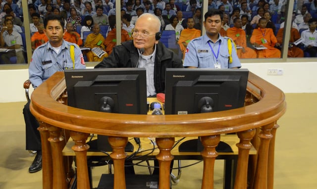 Nuon Chea, the Khmer Rouge's chief ideologist, before the Cambodian Genocide Tribunal on 5 December 2011.