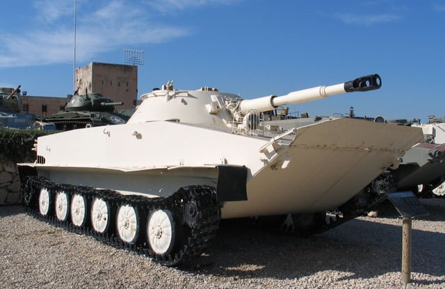 An Ex-Egyptian PT-76 in Yad la-Shiryon Museum, Israel. Note the elevated trim vane at the front of the vehicle.